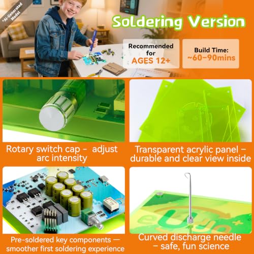 eUda+ STEM Tesla Lightning Kit For Kids&Adults Science Kits For Kids Age 12-14 Stem Kits For Kids Age 14-16 Electronic Science Kits Soldering Practice Kit For Beginners 12+(Soldering Version, RFG PRO) - size: Rectangular-Fluorescent Green (RFG PRO)