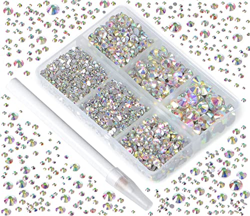 Bymitel 5000 Pieces 6 Mixed Sizes Glue Fix on Glass Rhinestones Round Crystal Gems Flatback for DIY Jewelry Making with one Picking Pen (6-Sizes 5000PCS, Crystal AB) - color: Crystal AB, size: 6-SIZES 5000PCS