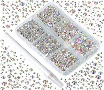 Bymitel 5000 Pieces 6 Mixed Sizes Glue Fix on Glass Rhinestones Round Crystal Gems Flatback for DIY Jewelry Making with one Picking Pen (6-Sizes 5000PCS, Crystal AB) - color: Crystal AB, size: 6-SIZES 5000PCS