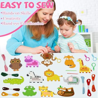 Cross Embroidery Kit for Kids Beginner 12 Jungle Animals Felt Keyrings Needlepoint Embroidery Starter Set with Jumbo Plastic Needles Pre-Printed Patterns for DIY Arts & Crafts Gift Safari Party Favor