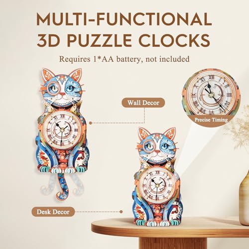 3D Puzzles for Adults Wooden DIY Cat Clock Puzzle Adult Crafts - color: Cat Clock