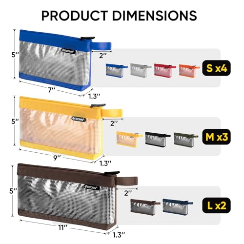 TICONN 9PK Tool Pouches with Zipper, Waterproof 1680D Oxford Small Tool Bag - size: Clear, 9 Pack Combo