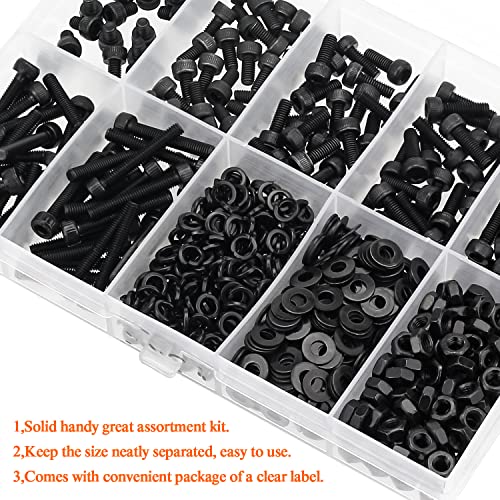 HELIFOUNER 560 Pieces M3 x 4mm /6mm /8mm /10mm /12mm /16mm /20mm, Hex Socket Head Cap Screws Bolts Washers Nuts Kit, 12.9 Grade Alloy Steel, Full Threaded, Black - size: M3, style: Socket Head