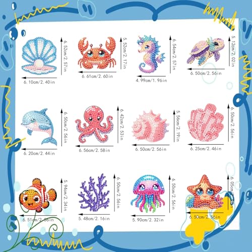 12 PCS Diamond Art Keychain Kits, DIY Diamond Painting Crafts, Beginner Art Kit, Arts & Crafts Gift - color: Marine Animals