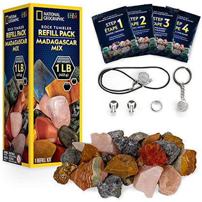 NATIONAL GEOGRAPHIC Rock Tumbler Refill Kit – 1 Lb. Madagascar Rocks for Tumbling with Rose Quartz, Red Jasper, Indigo Gabbro & More - Tumbler Supplies, Rock Polishing Grit and Jewelry Accessories - style: Madagascar Mix