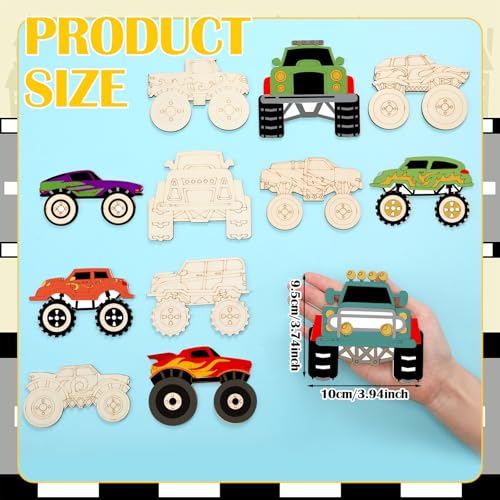 JellyArch 24 Pcs Monster Truck Party Favors Unfinished Wooden Truck Painting Set with Paints Magnets Car Party Favors DIY Wood Vehicles Ornaments for Car Celebration - style: Monster Truck