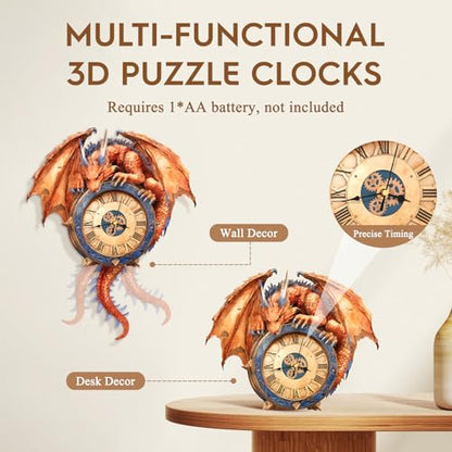 3D Wooden Puzzle for Adults - Fiery Dragon Clock - color: Fiery Dragon