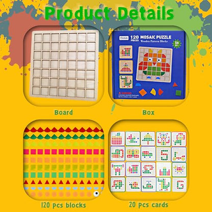 Pattern Blocks and Boards with 120 Pieces Colored Wooden Shape Blocks, with 20 Pieces Design Cards, Kindergarten Classic Geometric Puzzles Toys for Girls and Boys