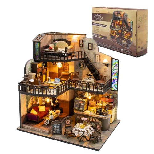 DIY Miniature House Kit, Fairy Dollhouse for Adults to Build, Mini Home Building Kit with Wooden Furniture & LED Lights,Garden Detials, Gift for Family and Friends (Fortunate Encounter Café) - color: Fortunate Encounter Café