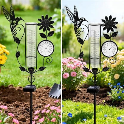Metal Hummingbird Solar Rain Gauge Outdoor with LED Light and Thermometer - color: Hummingbird