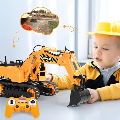 DOUBLE E Remote Control Excavator Toy, 2*Batteries 2.4GHz RC Excavator, 6-in-1 Digging/360° Rotation, 20M Range Sandbox Construction Toys Birthday Gift for Boys/Kids 6+ Years - color: Yellow