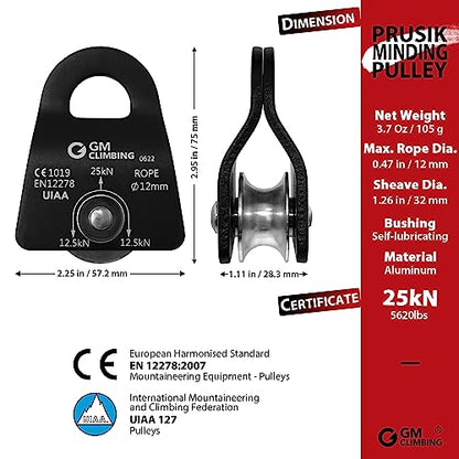 GM CLIMBING Micro Prusik Minding Pulley 25kN CE UIAA Certified 12mm Single Pulley Mobile Side Plates for Arborist Rigging Climbing Rescue - color: One Unit | Black