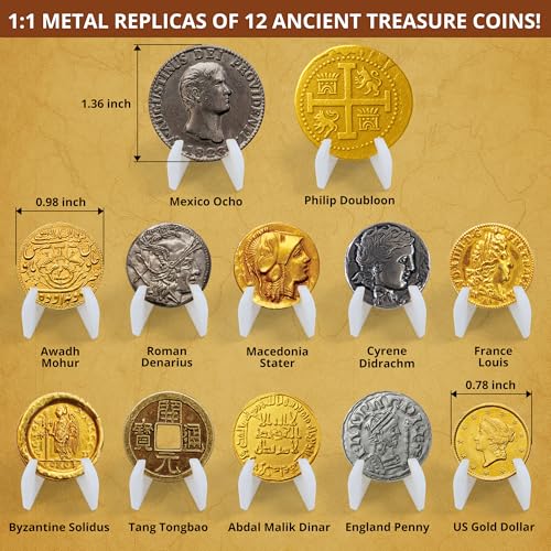PIBEX Pirate Treasure Coins Dig Kit, 16+ Ancient Metal Coins & Skull Charms
