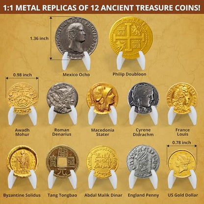 PIBEX Pirate Treasure Coins Dig Kit, 16+ Ancient Metal Coins & Skull Charms
