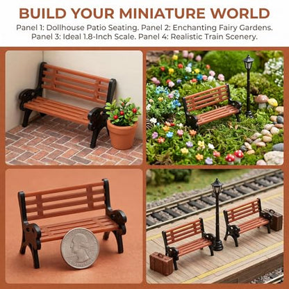 1:24 Scale Miniature Bench Set of 3 with Street Lamp, Realistic Brown Park Seats for Micro Landscape Decor, Train Platform Scene, Collectible Miniature Furniture & Model Accessories
