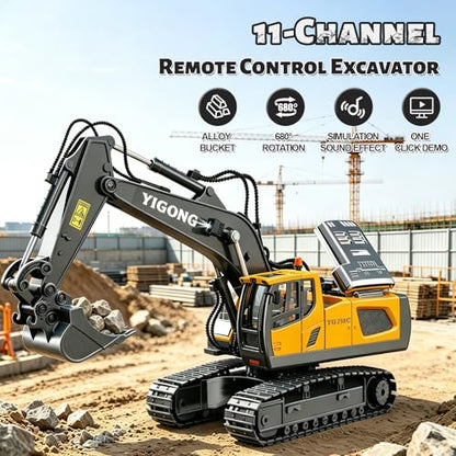 Remote Control Excavator (11-Channel), Dump Truck, Bulldozer, Loader (9-Channel), 2.4GHz Remote Control Construction Vehicles, Made of ABS, with Cool Lights and Sound Effects, 4-Pcs - color: Excavator Four-piece Set