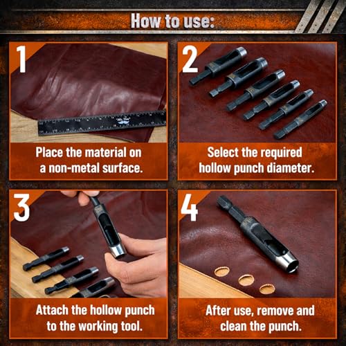 UNCO- Leather Hole Punch Drill Bit Set, 6 pcs, 3/16" 1/4" 5/16" 3/8" 7/16" 1/2", Carbon Steel, Hex Shank Leather Punch Tool Bits for Power Drill, Belt, Strap, Fabric & DIY Craft Work