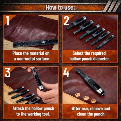 UNCO- Leather Hole Punch Drill Bit Set, 6 pcs, 3/16" 1/4" 5/16" 3/8" 7/16" 1/2", Carbon Steel, Hex Shank Leather Punch Tool Bits for Power Drill, Belt, Strap, Fabric & DIY Craft Work