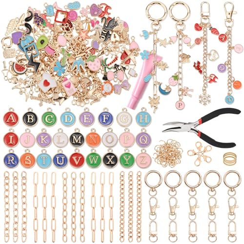 selizo 263Pcs Charms Lip Gloss Keychain Making Kit, DIY Craft Supplies with Charms, Key Chain Hooks, Jump Rings, Lobster Clasps, Chains & Tools, Jewelry Making Kit for Custom Keychains, Bags, Gifts - color: Gold-263Pcs Kit