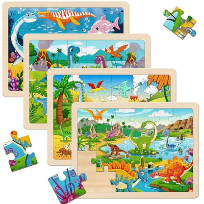 Wooden Puzzles Dinosaur Toys for Kids Ages 4-6, 4 Packs 24 Piece - color: Dinosaur