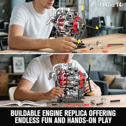Mould King 10211 Aircraft Engine Model that Works, 1147PCS Transmission Engine Battery/Motor Building Sets, STEM Toy Gift for 14+ Teens & Adults, V8 Engine Series for Display Collection - style: RA Engine
