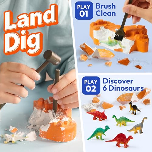JOVA Klever Kits 3-in-1 Dinosaur Fossil Digging Kit STEM Learning Toys with Glow in The Dark Dinosaurs and Sensory Play Sand, DIY Your Own Dinosaur with 5 Color Clay, Gift for Kids Aged 6+