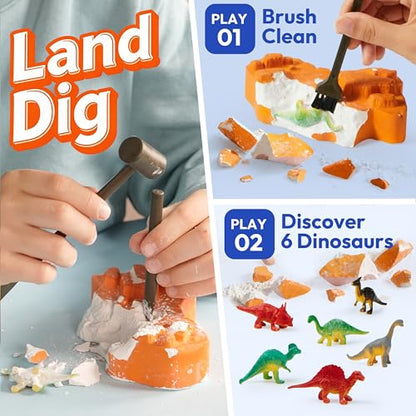 JOVA Klever Kits 3-in-1 Dinosaur Fossil Digging Kit STEM Learning Toys with Glow in The Dark Dinosaurs and Sensory Play Sand, DIY Your Own Dinosaur with 5 Color Clay, Gift for Kids Aged 6+