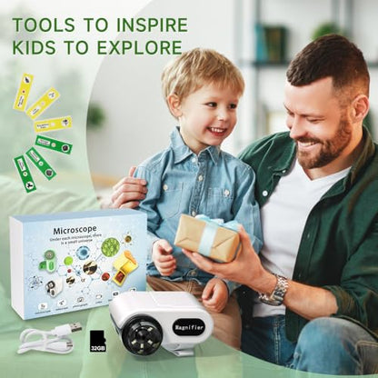Microscope for Kids, [3-in-1] 1000X Handheld Mini Scope with 2" LCD Screen, Portable Miniscope for Kids 8-12 Halloween Christmas Birthday Edu Gifts, 32GB TF Card Included