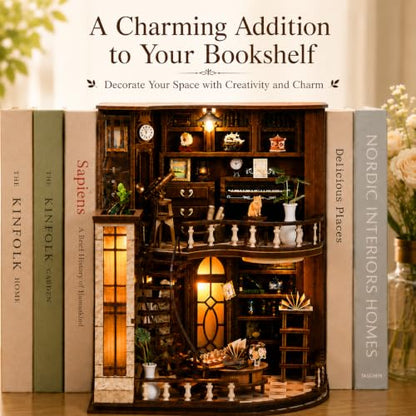 Book Nook Kit-DIY Miniature House for Adult and Teen Beginners, 3D Wooden Library Dollhouse with LED Light, Bookshelf Decor (Basque Study)