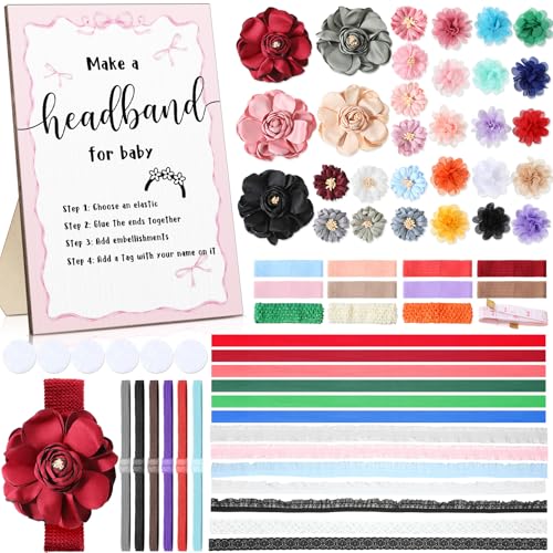 Geosar Baby Shower Games DIY Headband Making Kit Include Wooden Game Sign Elastic Cute Flowers Hairbands Round Fabrics and Tape Makes 30 Headbands for Baby Shower Guest Games(Bow) - style: Bow