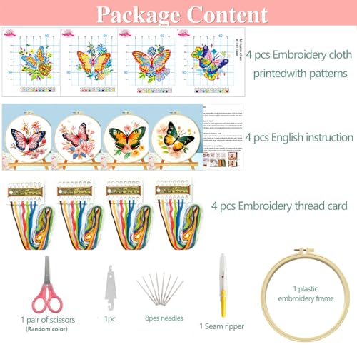 Zhenqing 4 Butterfly Floral Cross Stitch Kit, 11CT Printed Fabric with Hoop - color: 4 Butterfly Kit