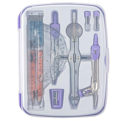 Mr. Pen- Geometry Set, 13 pcs, 3 Metal Compasses, Protractor, 6" Ruler | 45° & 30°/60° Set Squares, Pencils, Lead Refills, Sharpener & Eraser for Math, Drafting & Classroom Use - color: Purple