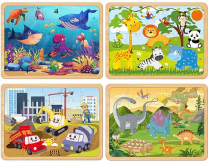 Wooden Jigsaw Puzzles for Kids Ages 4-6, 4-Pack 24-Piece Animal Puzzles Toy - color: Boys