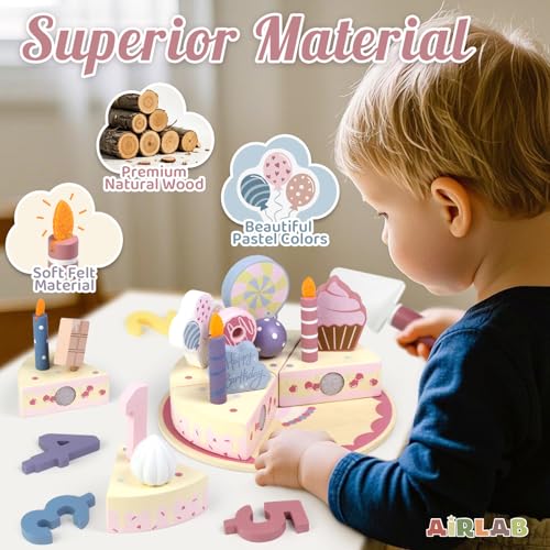 Wooden Birthday Party Cake Play Food Sets for 3 4 5 Year Old - color: Pink
