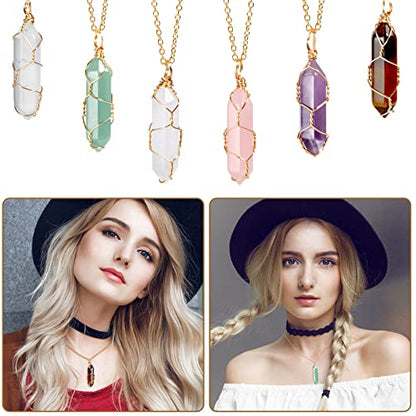 17Pcs Healing Crystals Stones Sets, Hexagonal Bullet Shaped Reiki Meditation Gemstone Chakra Stones Tiger Eye Obsidian Quartz Crystals Gemstone Wand Set Pendants with Storage Box - size: 17PCS