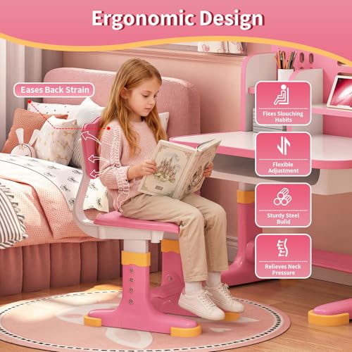 Kids Desk and Chair Set for Ages 3-12 - Height Adjustable Study Desk with Widened Desktop, Storage Drawer & Bookstand, Ergonomic Design, Supports up to 300 lbs - color: 606-pink