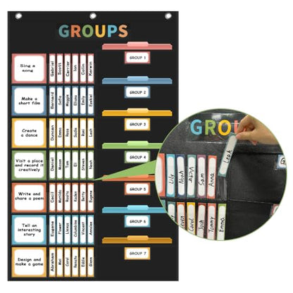 REGELETO Boho Small Group Management Pocket Chart with 114 Cards, Large Size 46 x 26.3 inch Classroom Small Group Organizer for School Teacher Homeschool Learning Supplies (Black) - size: 56-Pockets