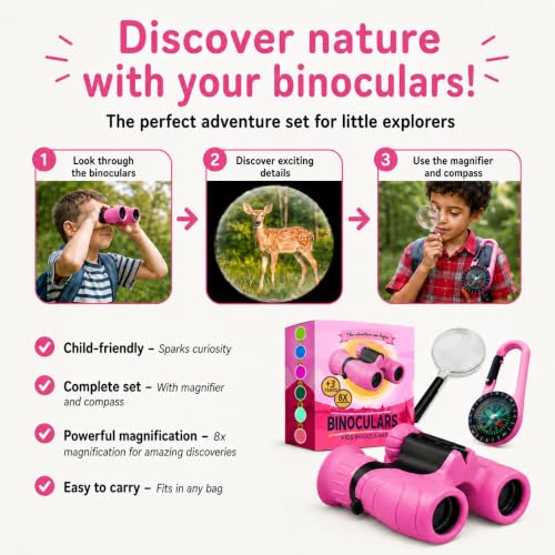 Binoculars for Kids – Perfect Toy for Little Boys and Girls – Extensive Set Incl. Magnifying Glass & Compass – Powerful Magnification 8X21 – 3 to 12 Year Old Kids for Toddler - color: Pink