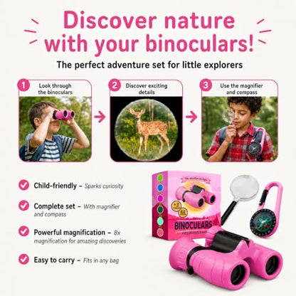 Binoculars for Kids – Perfect Toy for Little Boys and Girls – Extensive Set Incl. Magnifying Glass & Compass – Powerful Magnification 8X21 – 3 to 12 Year Old Kids for Toddler - color: Pink
