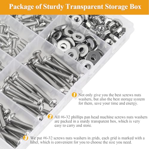 244 Pieces #6-32 x 3/16", 1/4", 5/16", 3/8", 1/2", 5/8", 3/4", 1", Phillips Pan Head Machine Screws Nuts Washers Assortment Kit - size: #6-32, style: Phillips Pan Head