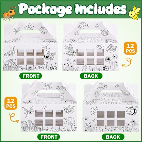 28 Pack Bug Hotel Box Color Your Own Cardboard Bug Catchers with Stickers, DIY Insect Critters Collection Gable Box with Window for Spring Summer Garden VBS Crafts Party Favors