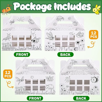 28 Pack Bug Hotel Box Color Your Own Cardboard Bug Catchers with Stickers, DIY Insect Critters Collection Gable Box with Window for Spring Summer Garden VBS Crafts Party Favors
