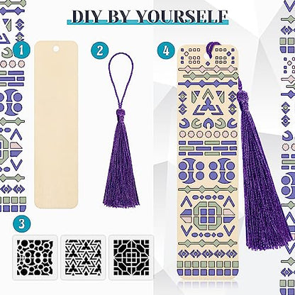 TaoBary 92 Pcs 4.8 x 1.3 Inch Geometry Wood Bookmark Making Kit Includes 36 Unfinished Blank Bookmarks 36 Tassels 20 Templates, Back to School DIY Painting Craft for Home Class Holiday Teachers Gift - style: Geometry