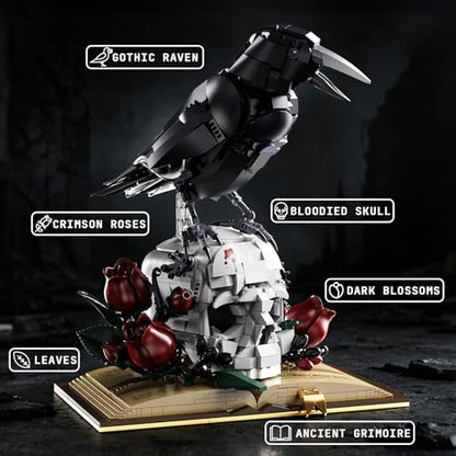 Gothic Raven & Skull Building Set for Adults, 1358PCS Animals Goth Horror Collection Kits Features Crow, Skull, Roses and Book, Compatible with Lego Raven, Birthday Gifts for Girlfriend/Wife/Mom - style: Raven Flower