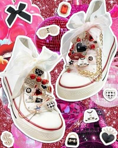 DoDoBeads 93 Pcs Shoe Charms for Sneakers, Junk Sock Charm Kit with Red & Black Charms and Satin/Lace Shoelaces, Sneaker Charm for Women, Cute Shoelace Accessories, DIY Sock/Shoe Decorations - style: Rock Glam