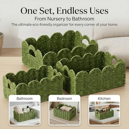 Scalloped Wicker Basket Set of 3, Hand-Woven Storage with Handles - color: Greem
