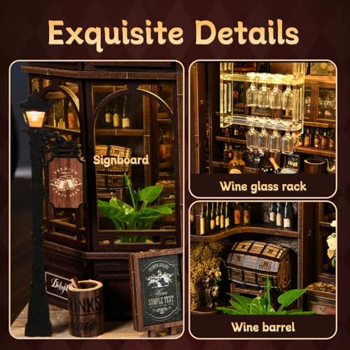 Corner Tavern Book Nook Kit, 3D Wooden Puzzle DIY Miniature House with Warm LED Light, Aesthetic Bookshelf Insert Decor for Adults & Teens - style: Corner Tavern