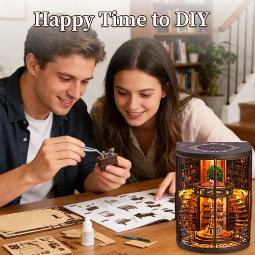 Book Nook Kit for Adult-3D Wooden Puzzles Miniature Library Bookshelf Insert Bookend Decor，Adult Miniature Model with LED Light and Dust Cover, Touch Switch, Adult Craft Kits Gift - style: Wisdom Rings