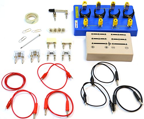Basic Electricity Kit - Includes Circuit Board, Knife Switch, Bridges, Connector Cables & Clips, Resistors, Bulbs & Holders, Wire, Capacitor - Eisco Labs