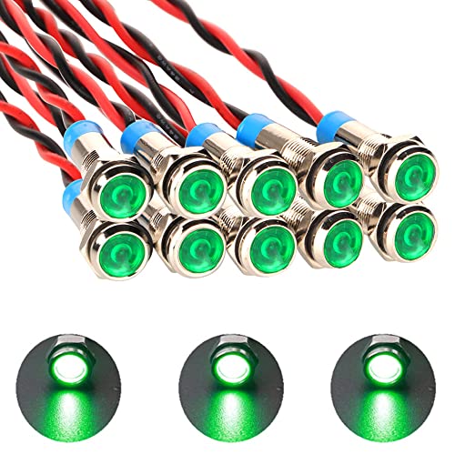 Gebildet 10pcs 6mm 1/4" AC/DC 12-24V LED Metal Indicator Light Pilot Dash Directional with Wire Waterproof Signal Lamp(Green) - color: Green AC/DC 12-24V